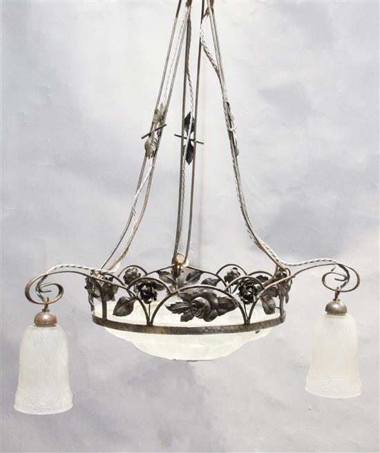 A 1930s French wrought iron and frosted glass light fitting drop 2ft 10in.
